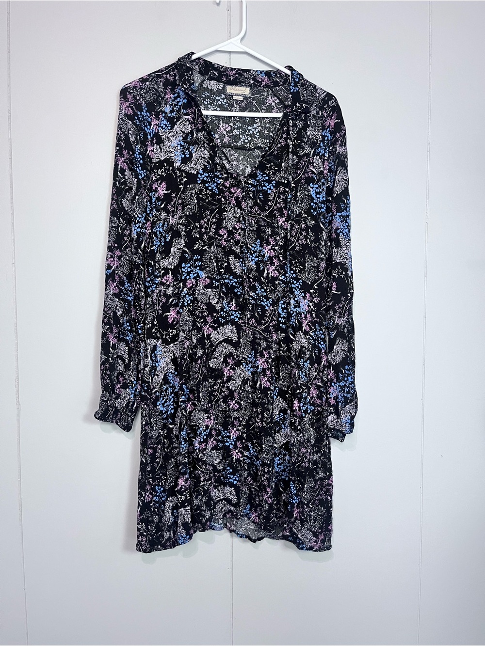 Ethereal Black Floral Long Sleeve Mini Dress Size Medium Boho